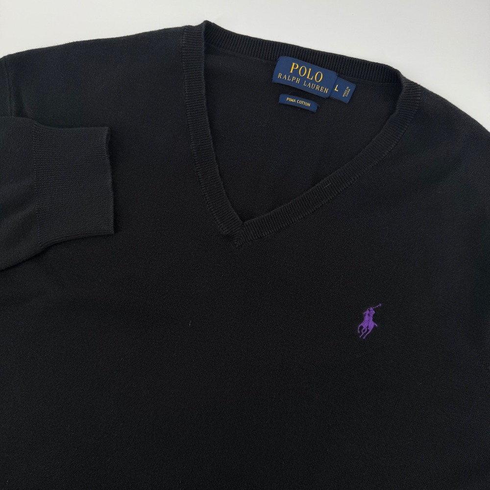 Polo Ralph Lauren Mens Black V Neck Pima‎ Cotton Sweater Large Purple logo
